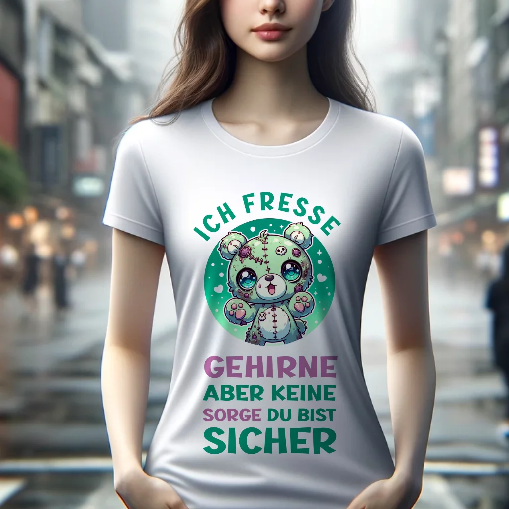 Frau die ein Tshirt trägt. Ich fresse Gehirne, Aber keine Sorge du bist sicher